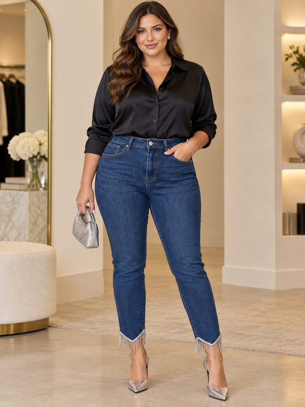Risen Dark Wash Ankle Jeans with Rhinestone Hem - NWT